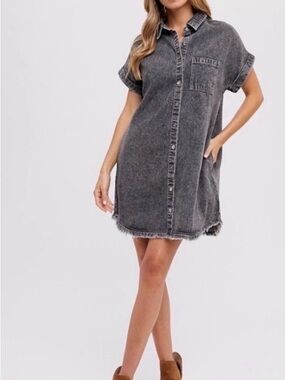 Bluivy Washed Charcoal Button-Down Denim Shirt Dress